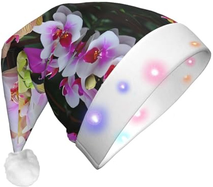 GUHAOT Weihnachtsmütze mit Orchideen-Druck, LED-Weihnachtsmannmütze, 3 Leuchtmodi, Weihnachts-Kopfbedeckung, Weihnachts-Kostüm, Party-Kappe