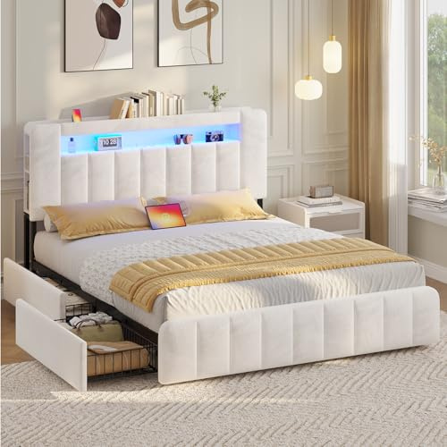 AOGLLATI Lit 140x190 à LED avec Multiprise et 4 Grands Tiroirs, Cadre de Lit avec Sommier à Latte et Tête de Lit Capitonnée Sommier avec Rangement, Moderne sans Matelas (Velours Beige, 140x190cm)