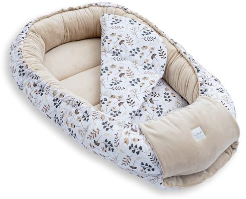 LOOLAY Babynest, Nestchen für Neugeborene – Baby Nestchen 91 × 63 cm mit Matratze, Tragbares Nest aus Samtvelours & Baumwolle – Wendbares, Ganzjährig Nutzbares babynestchen