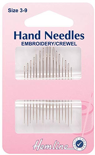 Hemline Hand Sewing Needles - Embroidery/Crewel size 3-9. Pack of 16