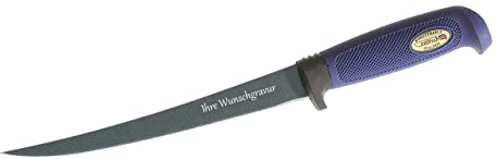 Marttiini Finnisches Filiermesser, beschichtete Klinge, 19 cm, Kautschuk-Griff, Lederscheide, mit Namensgravur