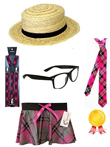 Mega_Jumble New Adult Ladies Pink Tartan School Girl Set instant Kit Straw Boater Hat Tie Suspender Braces Glasses & Skirt Fancy Dress Costume Accessories (Large/X-Large)