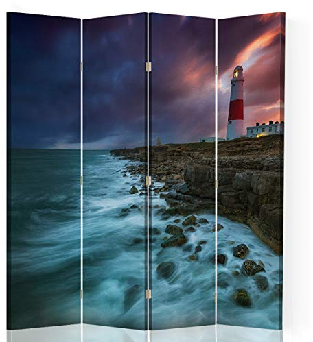 Raumteiler Trennwand Leuchtturm Paravent 4-teilig Natur Blau 145x175 cm