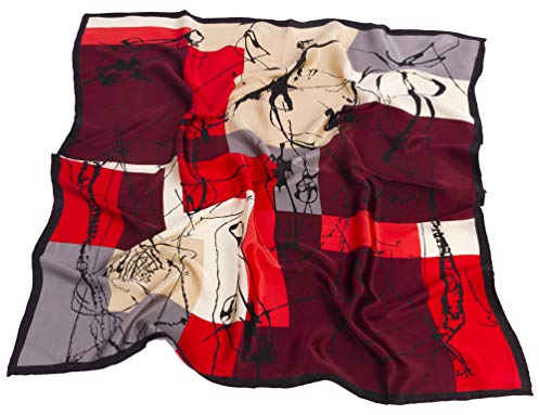 Avenella Edles SEIDENTUCH künstlerisches elegantes Design dunkles Bordeaux, Rot, Champagner, Silber, Weiss, Damentuch Halstuch 100% Seide ca 86x86 cm
