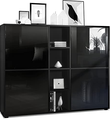 Vladon Highboard Cuba V3, Made in Germany, Schwarz matt/Schwarz Hochglanz - Moderne Anrichte mit 12 Fächern (130,5 x 105,5 x 35,5 cm)
