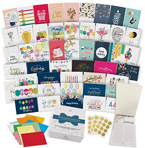 Dessie 100 Unique Birthday Cards Assortment with Greetings Inside for Businesses and Individuals.100 Assorted Color Envelopes, Gold Seals, Birthday Calendar in Sturdy Storage Box