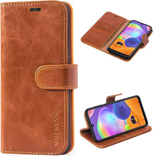 Mulbess Handytasche für Samsung Galaxy A31 Hülle, Ledertasche mit Bookstyle, Standfunktion, Kartenfächern Handyhülle, Vintage Cognac Braun