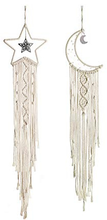 Shiwaki 2pcs Makramee Wandbehang Stern Mond Traumf?nger Tapisserie B?hmische Wohnkultur Handgemachte gewebte Dekoration für Zimmer Home Hochzeit Ornament Handwerk Geschenk (Beige)