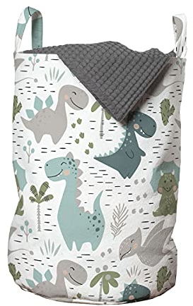 ABAKUHAUS Kindisch Wäschesack, Smiling Baby-Dinosaurier, Wäschekorb mit Griffen Kordelzugverschluss für Waschsalons, 33 cm breit x 49 cm hoch, Weiß Seafoam schwachgrau