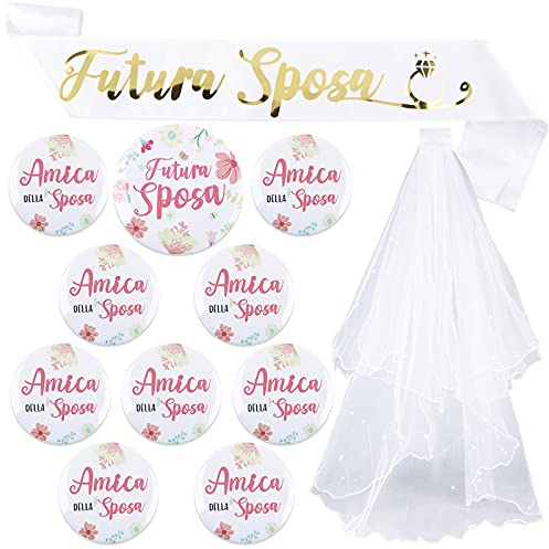 FLOFIA 12pz Addio al Nubilato Decorazione Sposa Gadget Addio al Nubilato Velo Spille Futura Sposa Amica della Sposa Fuscia Addio al Nubilato Sposa Oggetti per Matrimonio Nozze Hen Party Feste Notte