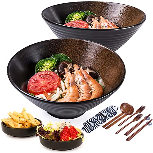 Ramen Bowl Set of 2, 1500ml Japanese Ceramic Noodle Bowl Kits (with Spoons, Chopsticks, Forks and Sauce Dishes) for Soup, Pho, Udon, Pasta, Curry, Cereal, Fruit, Salad&Desserts, Housewarming Gift