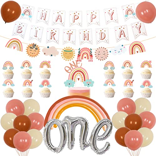 Fangleland Boho Regenbogen 1. Geburtstag Dekorationen, Böhmische Regenbogen Ballon Happy Birthday Banner Kuchen Topper für Mädchen Ersten Geburtstag Party Supplies