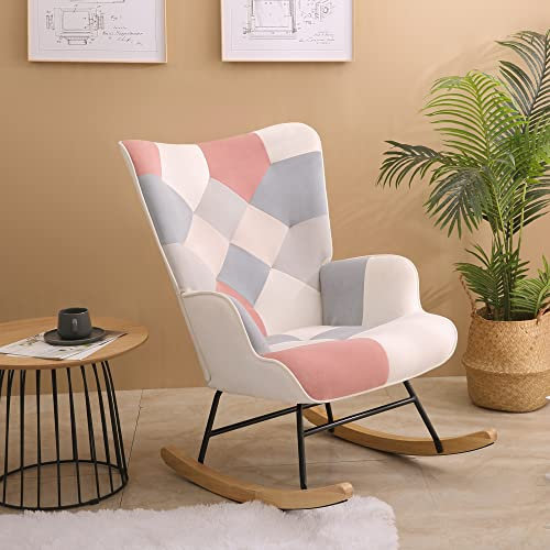 KGOPK Accent Schaukelstuhl, Mid-Century Stoff-Wippstuhl mit Holzbeinen und Patchwork-Leinen, für Wohnzimmer, Schlafzimmer, Rosa