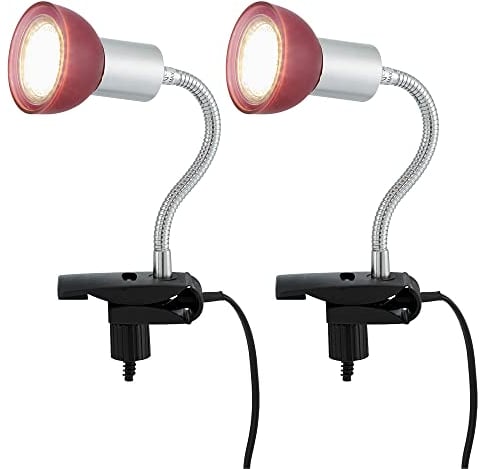 etc-shop Klemmlampe silber Klemmleuchte Klemmlampe LED mit Stecker, Tischleuchte Leselampe, Spot beweglich, Metall titanfarben Glas rot, 1x LED 3W 250Lm 3000K, HxLxB 34x9x6,1 cm, 2er Set