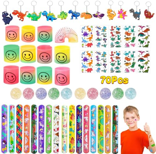 flintronic 70PCS Artículos de Fiesta,Juego de Dinosaurios,con Círculo Sonriente Arcoíris, Llavero de Dinosaurio,Anillo de Aplausos, Bola Hinchable,Pegatina de Dinosaurio,para Regalos de Fiesta