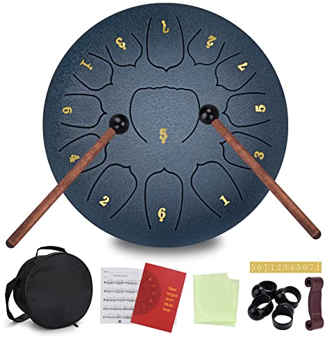 JAMITE Tongue Drum 13 Noten 10 Zoll,Zungentrommel Scheibentrommel,Steel Pan Töne Schlaginstrument Hand mit Zubehörbox,Tasche,Fingerpick,Musikbuch und Schlägel für Meditation Yoga Klangheilung