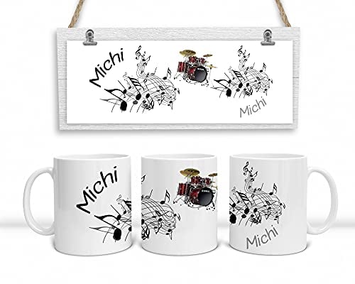 Personalisierte Musiker-Tasse. Kaffeetasse mit Noten, Schlagzeug und mit Namen. (Schwarz-Weiß)