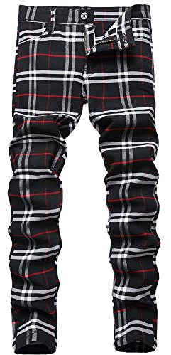 JE&NS Herren-Chinohose, Stretch, schmale Passform, Flache Vorderseite, lässig, Skinny, kariert, Schwarz-Weiß-Plaid, 50