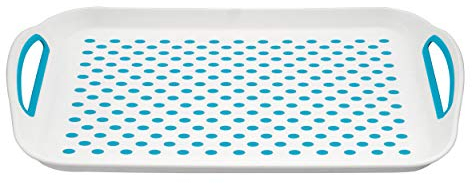 HOMESHOPA Anti-Slip Plastic Serving Tray, 1 Pack Blue Rectangular Non-Slip Top & Bottom, Strong Grip Rubber Surface, Kitchen Tray for Food Serving, Easy Grip Handles, Sturdy Dinner/Drinks Breakfast