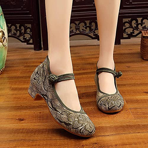 XJKH Flower Embroidered Low Block Heel Canvas Pumps - Elegant Ankle Strap Cheongsam Cotton Shoes for Women, with Comfortable Embroidered Heels