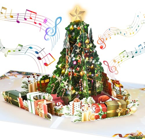 Venhoo Pop Up Christmas Cards with Light and Music, Christmas Tree Design, Handmade 3D Popup Musical Greeting Card for Christmas Holiday Includes Envelop, Playing-We Wish You a Merry Christmas