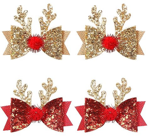 4 Pièces Pinces À Cheveux de Noël Paillettes en Bois de Renne, Noeud Barettes Cheveux Pince Cheveux de Noël, Cerf Épingle Cheveux Nœu de Noël Accessoire Cheveux Accessoire Noël pour Fille Femme Bebe