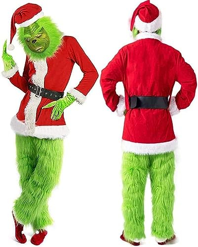 NSASL 7-teiliges Weihnachtskostüm For Erwachsene,Grinch Deluxe Weihnachtsmann-Kostüm Mit Maske Weihnachtstag Party Kostüm Ball Cosplay (Color : A, Size : M)