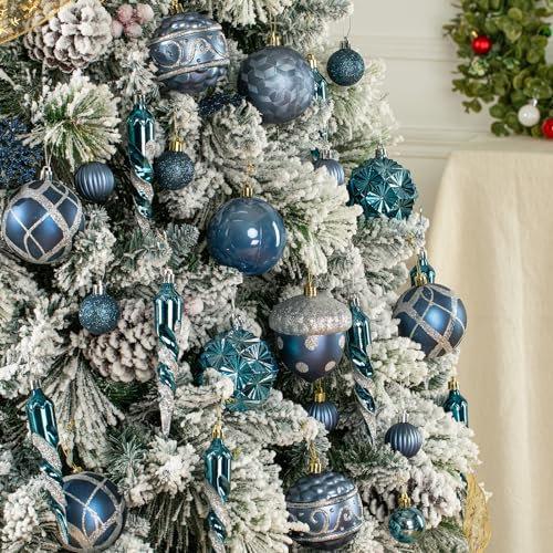 Fuovt 62pcs Navy Blue & Silver Christmas Balls Ornaments Set - 3.15 Big Shatterproof Plastic Decorative Baubles for Xmas Tree Decor