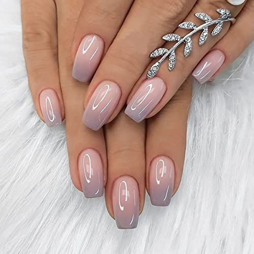 JUSTOTRY 24 Pcs Purple French Press on Nails Medium Designs,Nude False Nails Coffin,Pretty Stick on Nails for Women and Teens,Glossy Ballarina Fake Nail for Girls Nail Art