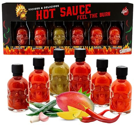 Hot Sauce Gift Set for Mens Gifts - Chilli Skull Spicy Sauce Heat Pack of 6 Different Flavour Sauce Bottle Gift. Great Christmas Gift for Men, Stocking Fillers, Birthday Gifts for Women