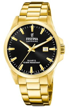 Festina Swiss Made Montre Homme Analogique Acier 316L Doré - Quartz Date - Verre Saphir Résistant - Étanche 10 ATM - F20044/6 Classic Steel