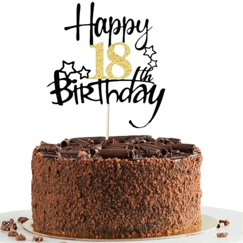 Happy 18th Birthday Cake Topper,Eighteen 18th Birthday Anniversary Party Decorations Supplies,Happy 18th Cake Toppers for Boys Girls Birthday Themed Party,Black&Gold Glitter Cake Decorations
