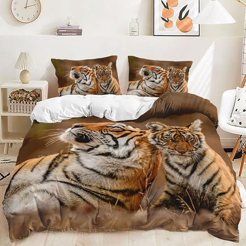 Yaofeiou Tigermotiv Bettwäsche 155x220 3Teilig 3D Effekt Tiermuster Bettwäsche Junge Mädchen Bettwäsche Wildtiere Muster Mikrofaser Betten Set Tiermotiv Bettbezug mit 2 Kissenbezug 80x80