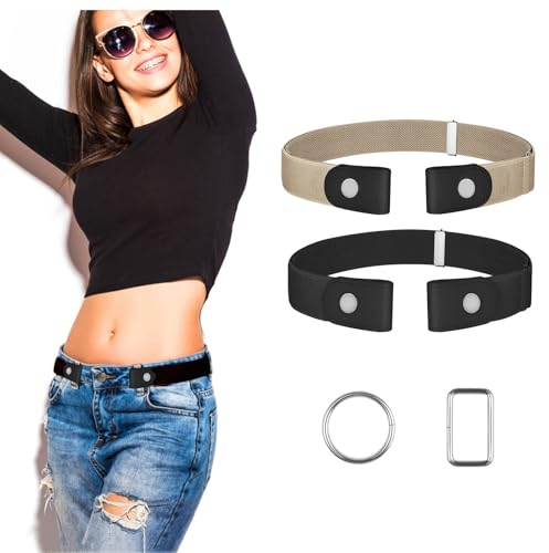 【2 Stück】Gürtel Ohne Schnalle, Langlebig Elastischer Gürtel, Justierbar Schnallenfreier Gürtel, Stretch Gürtel für Jeans Hosen Kleid, Einstellbarer Unsichtbarer Gürtel für Damen (2 Stück Set H, L-2XL)