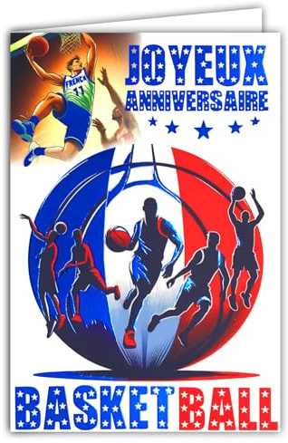 65-1424 Glückwunschkarte zum Geburtstag, Basketball, Blau, glänzend, mit Umschlag, 12 x 17,5 cm, für Sportler, Basketballspieler, Basketballspieler, Champion, Korb, Parkett, Fans, Team, Frankreich,