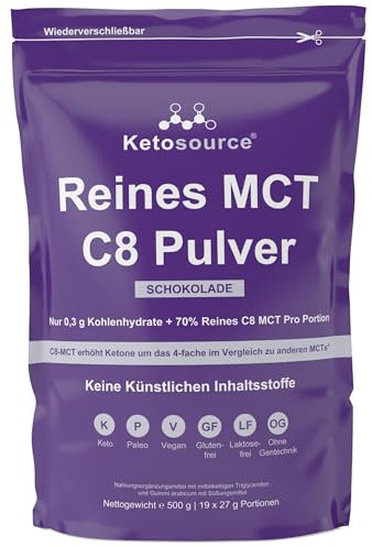 Reines C8 MCT-Pulver | 4-facher Keton-Boost im Vergleich zu anderen MCTs | Null Kohlenhydrate | Unterstützt Keto & Fasten | Enthält MCT Öl C8 von höchster Reinheit | Schokolade | 500g | Ketosource