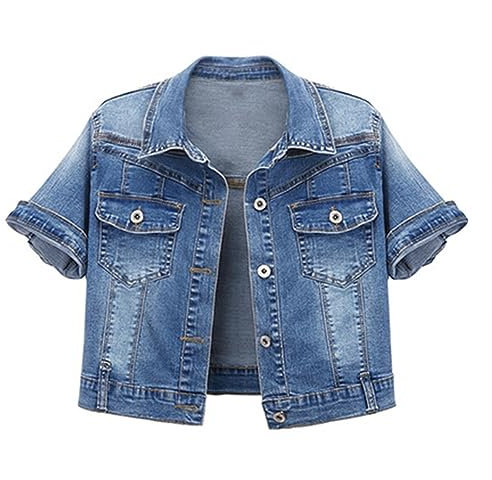 Denim Jackets Women Women's Cardigans Short Sleeve Denim Jacket Daily-Denim Casual Jacket with Pockets Denim Cropped Jackets Buttons for Cardigans Turndown Collar Summer Cardigans for Women Plus Size