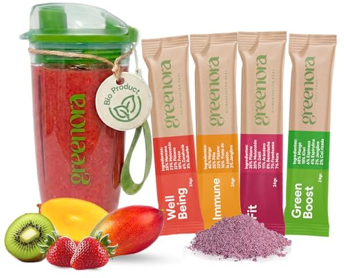 GREENORA Shaker + Smoothie Bowl Frutta Disidratata Liofilizzata Polvere 100% Naturale. Fragole Lamponi Barbabietola Rossa Mango Mele. 4x24g
