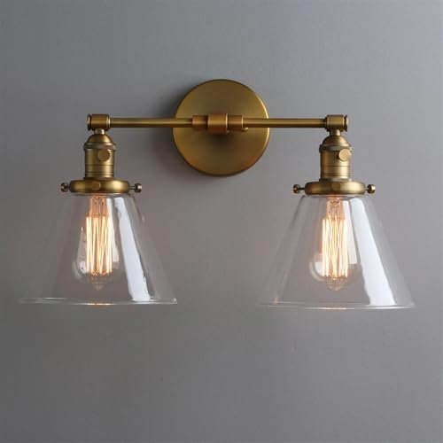 AEDKTDOO Applique Doppia Vintage Industriale Nera a 2 luci con Paralume in Vetro Trasparente a Imbuto (Nero)(Antique)