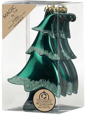 Inge-glas Christbaumschmuck Tannenbäume 14cm Kunststoff 4er Set - bruchsicher & mit Glitzer - Christbaumkugeln für Weihnachtsbaum - Weihnachtsbaumkugeln & Weihnachtsbaumschmuck Grün - Noble Green
