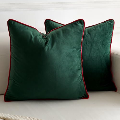 LIGICKY Set of 2 Dark Green Velvet Throw Pillow Covers Modern Minimalist Style Solid Decorative Red Rope Edging Soft Square Cushion Cases for Sofa Bedroom Party Christmas Décor, 18 x 18 inch