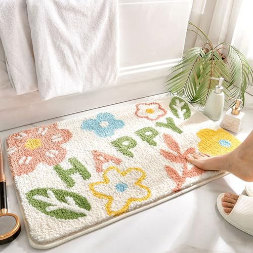Tapis de Bain Antidérapant, Tapis Salle de Bain Moelleux en Microfibre, Tapis de Douche Absorbant Lavable en Machine pour Salle de Bain, Cuisine, Chambre, Porte (Soyez Heureux, 50x80cm)