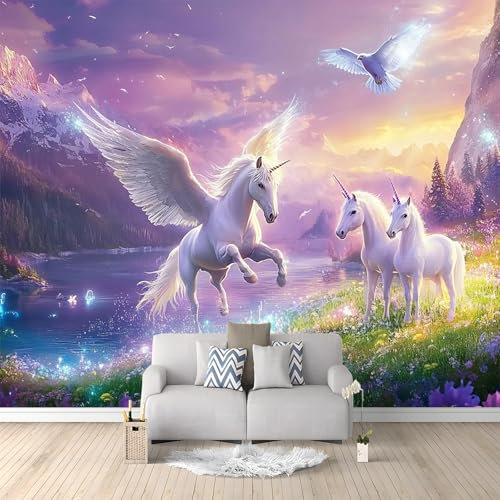 Licornes Fleurs Et Oiseaux Lacs Montagnes Papier Peint Panoramique Violet Intissé Murale, Photo Murale pour Salon Chambre d'enfants restaurant Décoration Murale 300x210 cm