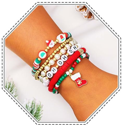 Jovono Weihnachtsarmband-Set Perlenarmbänder mit Weihnachtsmann und Rentier, bunte stapelbare Stern-Armschmuck-Sets für Damen (6PCS)