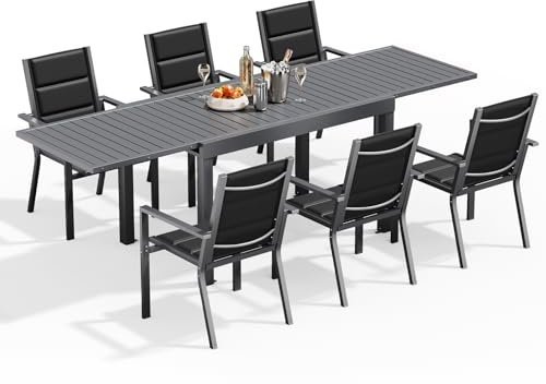 Devoko Gartenmöbel Set 6 Personen,6+1 Aluminium Tisch und Stühle Set Balkonmöbel, 6 Stapelbare Gartenstühle und 1 130/260 cm Dehnbarer Gartentisch,Terassen möbelsets außen Lounge, Dunkelgrau