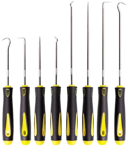 VZU 8 Stück Präzisions Haken und Pick Set, Extra Langes Haken Werkzeug und Dietrich Set, Universal Nadel Haken Satz aus Chrom-Vanadium-Stahl, Öl Dichtung Demontagehaken Werkzeug für Auto