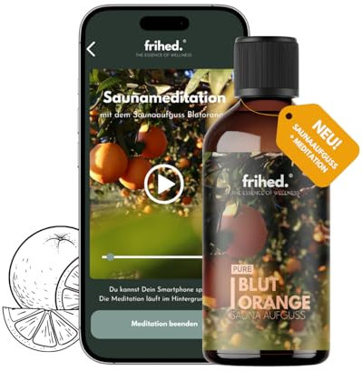 frihed.® Saunaaufguss Blutorange mit App Meditation - Hochkonzentriertes Orangen-Öl - vitalisierend - Langanhaltender Duft - Made in Lüneburg