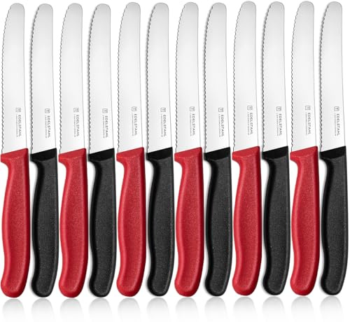 targzier Frühstücksmesser 12 Stück,Wellenschliff,Schwarz&Rot Messer | Scharfe Rostfreier Stahl Klinge 11cm,PP Kunststoffgriff Brötchenmesser Set,Vespermesser zum Mittag-&Abendessen