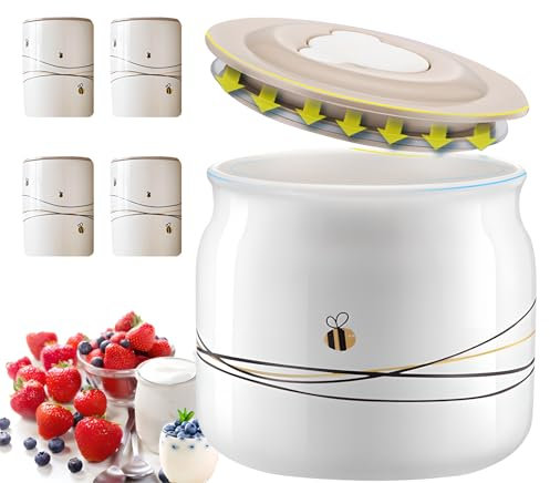 XoTiq Accessori per yogurtiera, fermentatore da 0,5L con 4 Piccoli, vasetti per yogurtiera in Ceramica, Accessori da Cucina per Yogurt Greco Denso, Cultura dello Yogurt Fatto in casa Senza latticini
