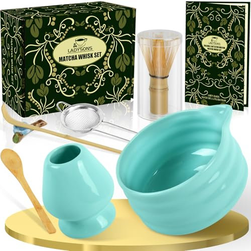 Matcha Set - 7 Stück Matcha Rührer Set Enthält Matcha-Schüssel mit Ausgießer, Bambus-Matcha-Rührer und Ständer, Bambus-Matcha-Löffel, Teelöffel, usw, Geschenk für Ihre Lieben